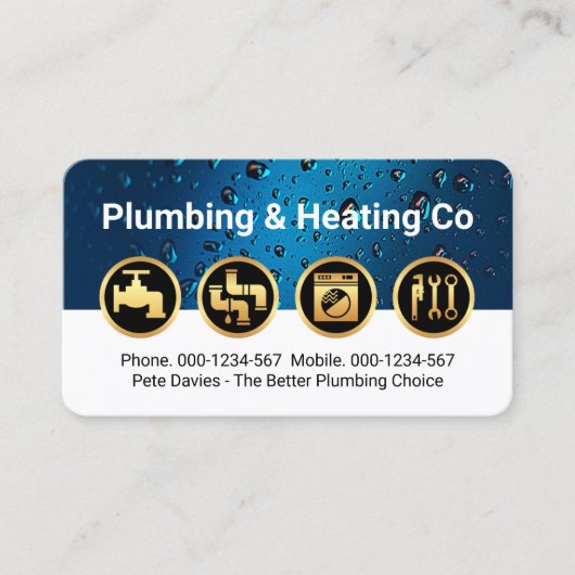 Gold Plumbing Icons on Waterdrop Layer Visitenkarte (Vorderseite)