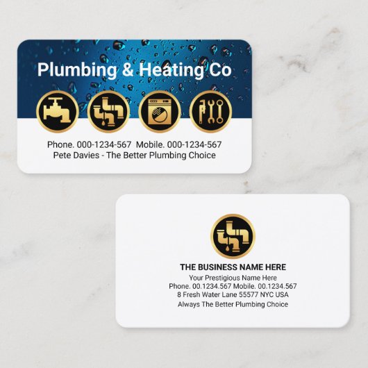 Gold Plumbing Icons on Waterdrop Layer Visitenkarte (Vorne/Hinten)