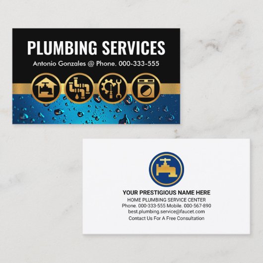 Gold Plumulierende Symbole auf blauem Wasser Visitenkarte (Vorne/Hinten)