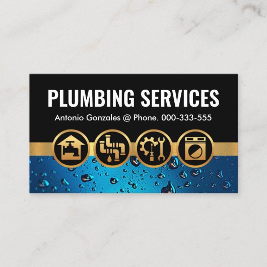 Gold Plumulierende Symbole auf blauem Wasser Visitenkarte (Vorderseite)