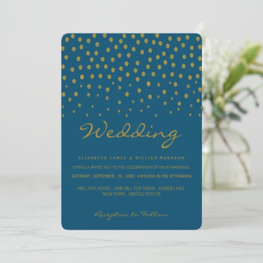 Gold Polka Dot - Blue & Gold - Hochzeit Einladung (Stehend Vorderseite)