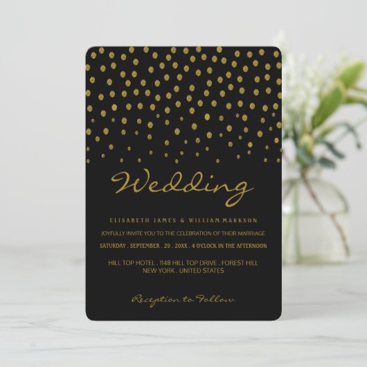 Gold Polka Dot - Schwarz & Gold - Hochzeit Einladung (Stehend Vorderseite)