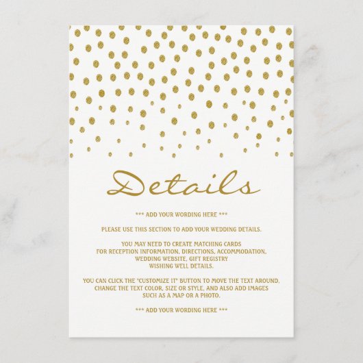 Gold Polka Dot - Weiß & Gold - Hochzeitsdetails Begleitkarte (Vorderseite)