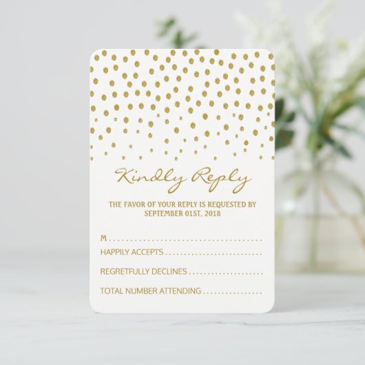 Gold Polka Dot - White & Gold - Hochzeit RSVP Karte (Stehend Vorderseite)
