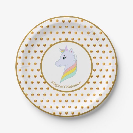 Gold Polka Dots and Unicorn Pappteller (Vorderseite)