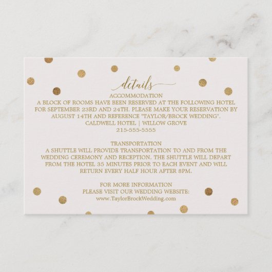 Gold Polka Dots Hochzeitdetails - Eintrittskarte Begleitkarte (Vorderseite)