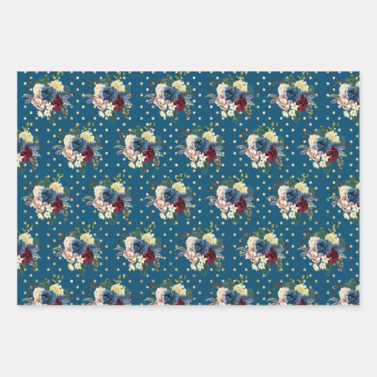 Gold Polka Dots Winter Holiday Floral Blume Geschenkpapier Set (Vorderseite)