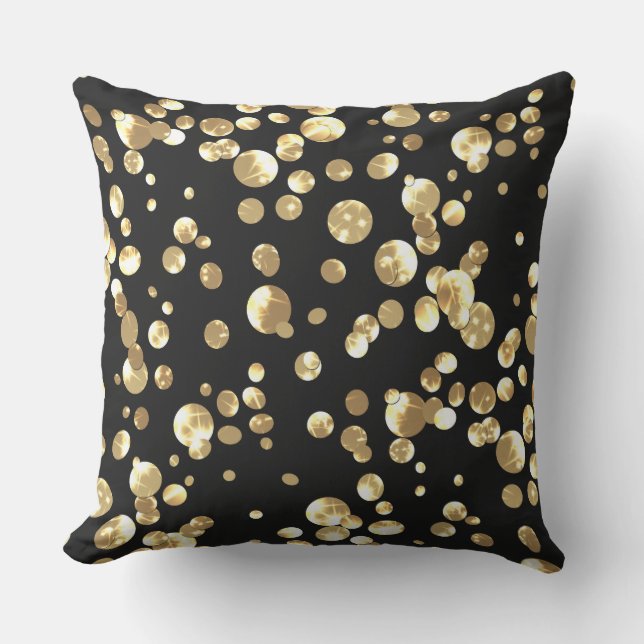 Gold Polka Punkte auf schwarzem Hintergrund . Kissen Für Draußen (Vorderseite)