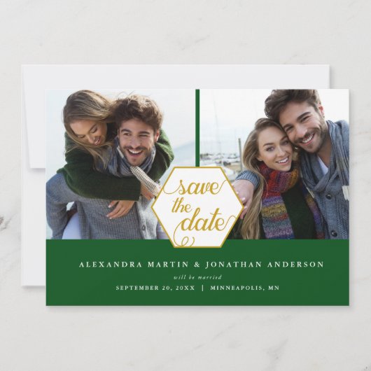 Gold Polygon 2 Fotos Emerald Save the Date (Vorderseite)