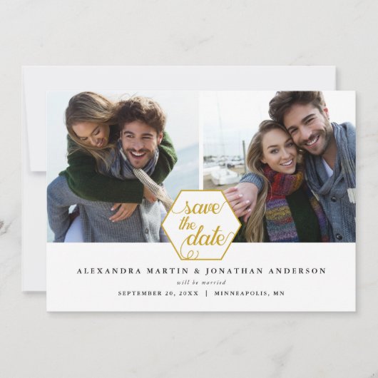 Gold Polygon Geometric | 2 FOTOS SAVE THE DATE (Vorderseite)