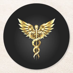 Gold Polygonal Symbol Caduceus Runder Pappuntersetzer