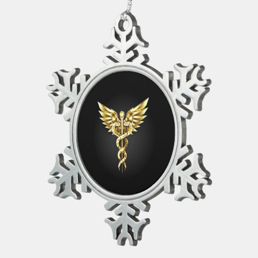 Gold Polygonal Symbol Caduceus Schneeflocken Zinn-Ornament (Rechts)