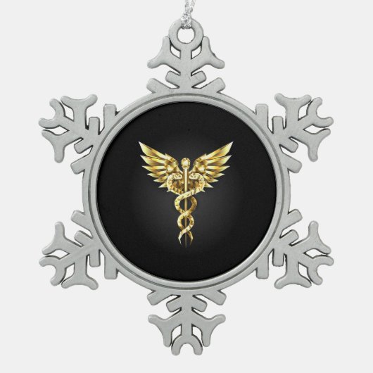 Gold Polygonal Symbol Caduceus Schneeflocken Zinn-Ornament (Vorderseite)