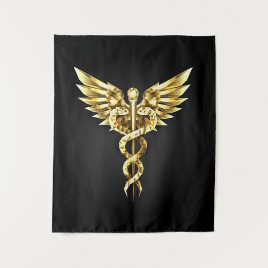Gold Polygonal Symbol Caduceus Wandteppich (Vorderseite)