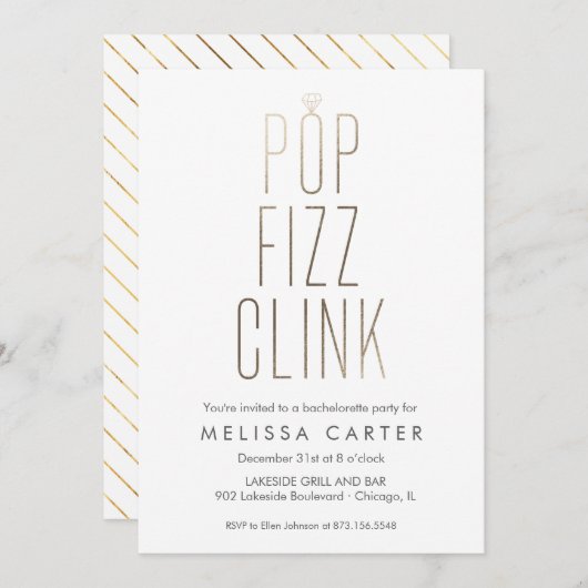 Gold Pop Fizz Clink Bachelorette Imitate Fossilien Einladung (Vorne/Hinten)