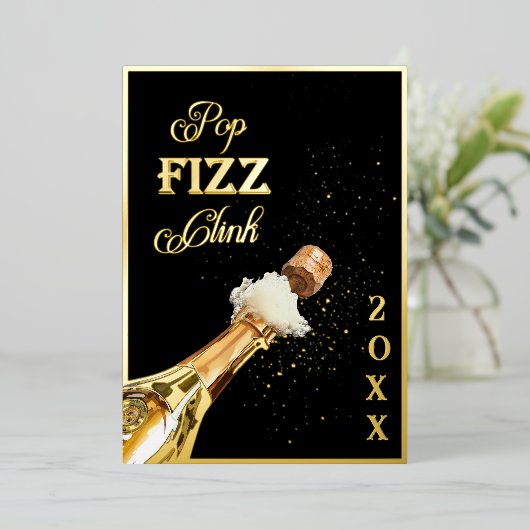 Gold Pop Fizz Clink New Years Eve Party Folieneinladung (Stehend vorne)