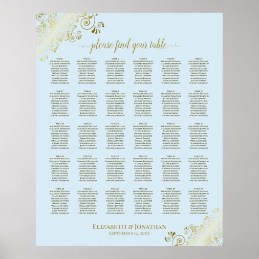 Gold & Powder Blue 30 Table Wedding Chart Poster (Vorne)