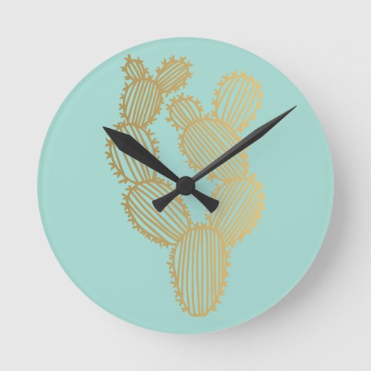 Gold Prickly Cactus Doodle Runde Wanduhr (Vorderseite)