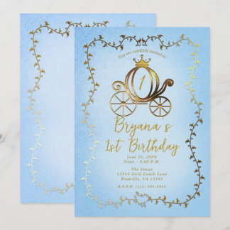 Gold Princess Carriage Blue Storybook 1. Geburtsta Einladung