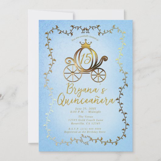Gold Princess Carriage Blue Storybook Quinceañera Einladung (Vorderseite)