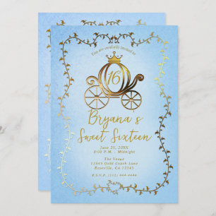 Gold Princess Carriage Blue Storybook Sweet 16 Einladung