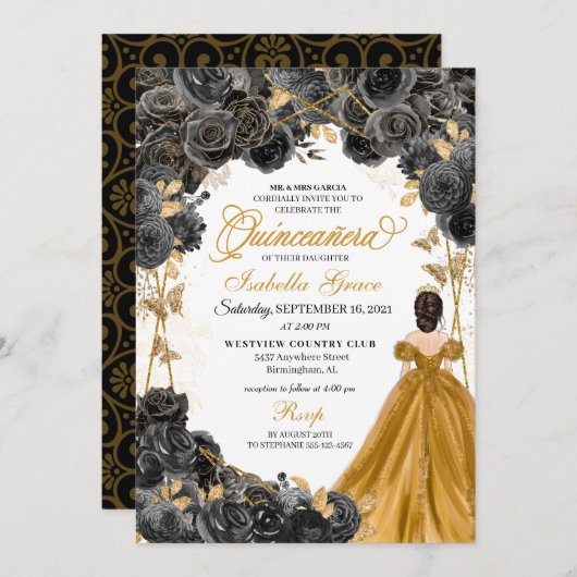Gold Princesss Dress Black Rose Quinceañera Einladung (Vorne/Hinten)