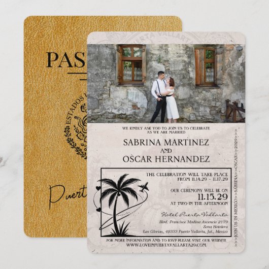 Gold Puerta Vallarta Passport Wedding Einladung (Vorne/Hinten)