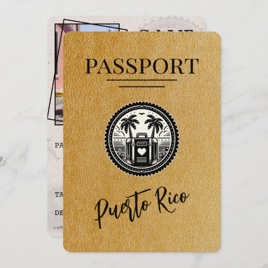 Gold Puerto Rico Passport Save The Date (Vorne/Hinten)