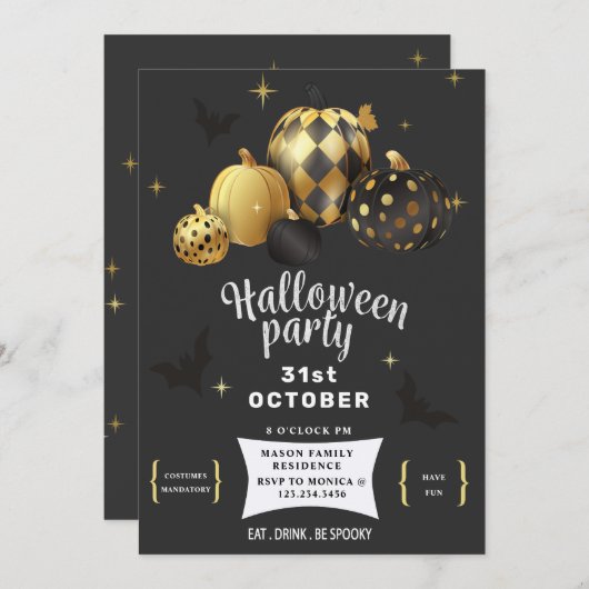 Gold Pumpkin Elegantes Halloween-Party Einladung (Vorne/Hinten)