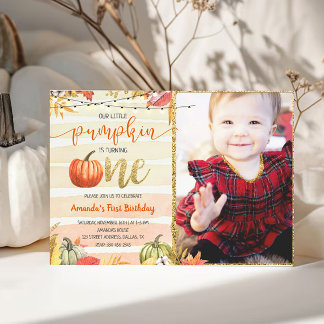 Gold Pumpkin Fall Orange Erster Geburtstag Einladung