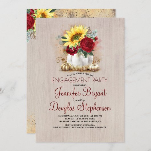 Gold Pumpkin Floral Fall Engagement Party Einladung (Vorne/Hinten)