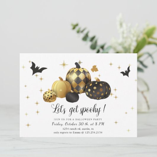 Gold Pumpkin Lassen Sie uns verwöhntes Halloween-P Einladung (Stehend Vorderseite)