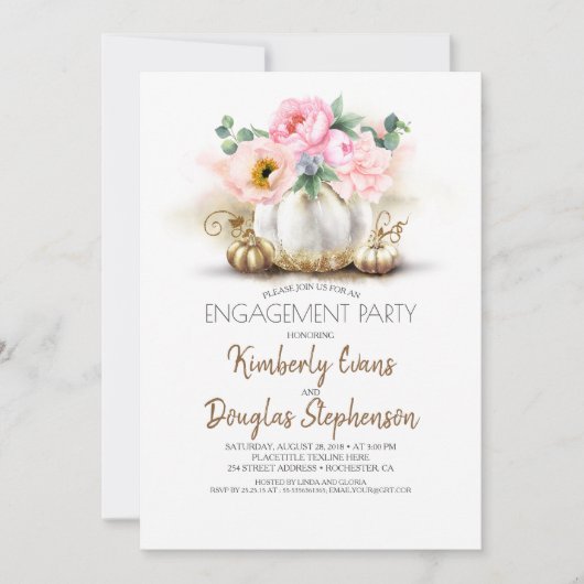 Gold Pumpkin Pink Floral Fall Engagement Party Einladung (Vorderseite)