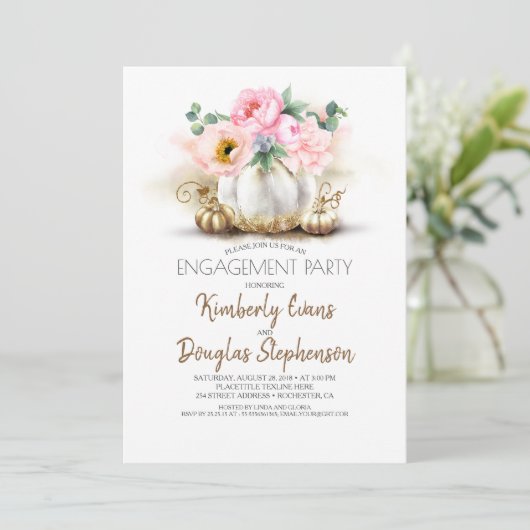 Gold Pumpkin Pink Floral Fall Engagement Party Einladung (Stehend Vorderseite)