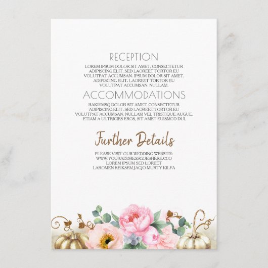 Gold Pumpkin Pink Floral Vase Hochzeitsinformation Begleitkarte (Vorderseite)