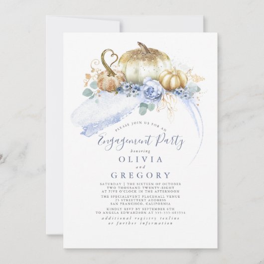 Gold Pumpkins Dusty Blue Fall Engagement Party Einladung (Vorderseite)