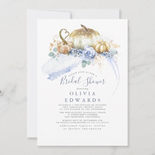 Gold Pumpkins Dusty Blue Floral Fall Brautparty Einladung (Vorderseite)