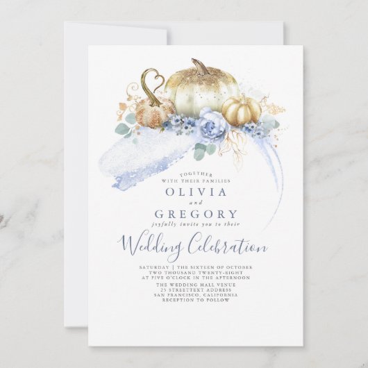 Gold Pumpkins Dusty Blue Floral Hochzeit im Herbst Einladung (Vorderseite)