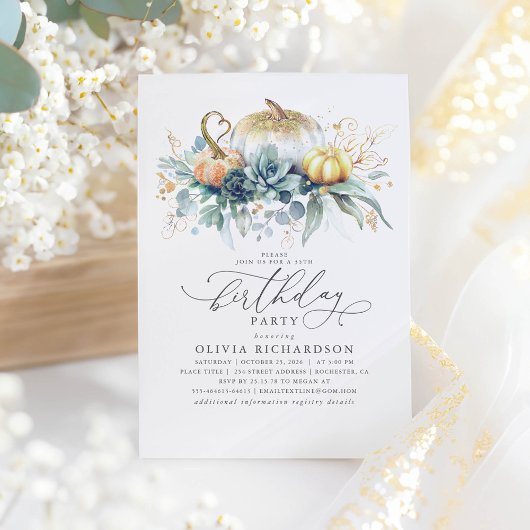 Gold Pumpkins Succulents Grüne Fall Geburtstag Einladung