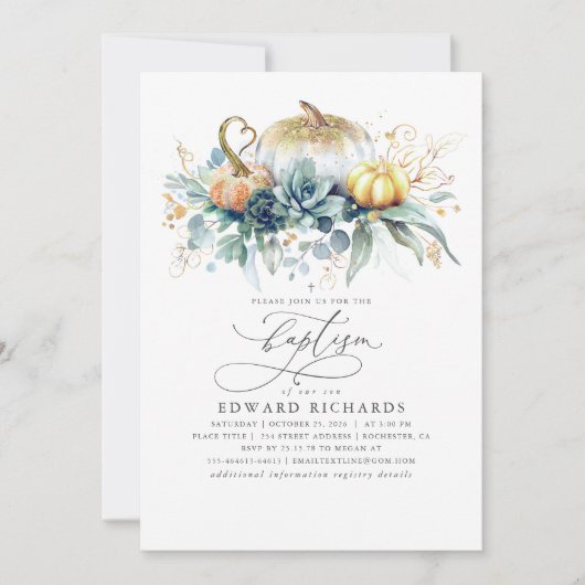 Gold Pumpkins und Sukkulente Grüne Fall Taufe Einladung (Vorderseite)