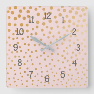 Gold Punkte auf der Kinderzimmer-Uhr in Rosa Quadratische Wanduhr