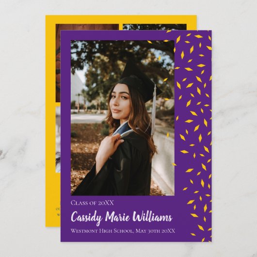 Gold Purple Confetti Graduation Announcement Einladung (Vorne/Hinten)