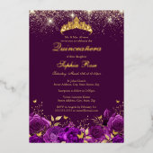 Gold Purple Floral Butterfly Tiara Quinceanera Folieneinladung (Vorderseite)