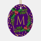 Gold Purple Monogram Merry Christmas Holly Glitter Keramik Ornament (Rechts)