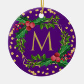 Gold Purple Monogram Merry Christmas Holly Glitter Keramik Ornament (Vorne)