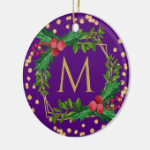 Gold Purple Monogram Merry Christmas Holly Glitter Keramik Ornament (Links)