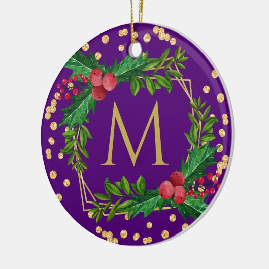 Gold Purple Monogram Merry Christmas Holly Glitter Keramik Ornament (Links)