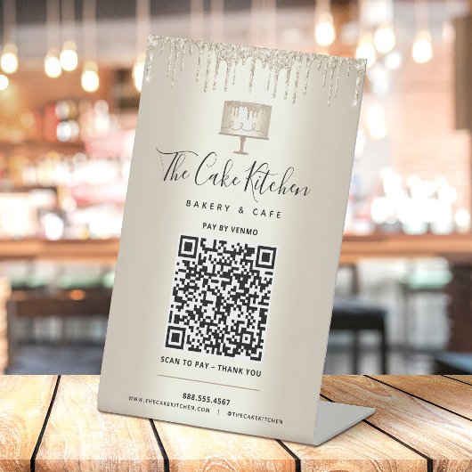 Gold QR Code Bezahlung Hier Bäckerei Glitzer Tropf Sockelschild