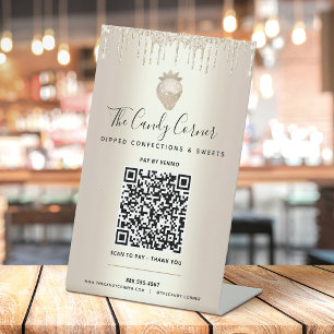 Gold QR Code Bezahlung Hier Erdbeeren Glitzer Trop Sockelschild