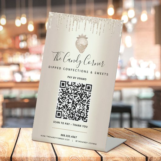 Gold QR Code Bezahlung Hier Erdbeeren Glitzer Trop Sockelschild